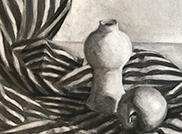 A charcoal drawing of a vase and an apple with a striped cloth underneath
