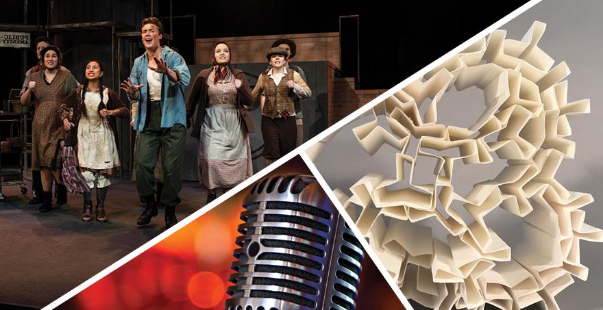 A collage of artwork, a microphone, several SPU Theatre students performing in an SPU play